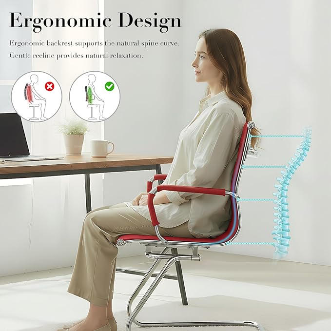 CIMOTA Waiting Room Chairs Leather Office Guest Chair Mid Back Reception Chairs with Sled Base for Meeting/Patient/Conference Room Red Set of 2
