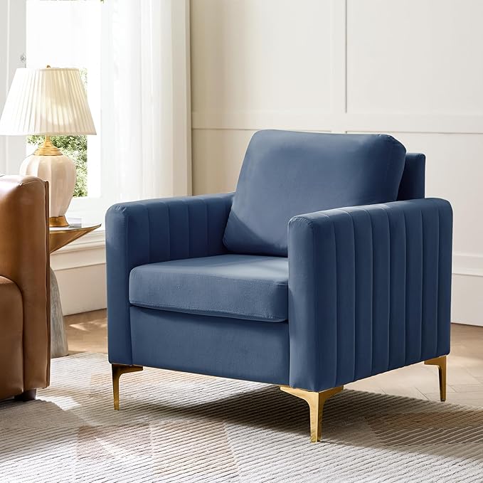 Modern Upholstered Velvet Accent Chair Velvet Armchair Club Chair with Gold Metal Legs Mid-Century Barrel Leisure Comfy Reading Chair for Livingroom Bedroom Slate Blue