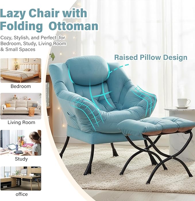Lazy Chair with Ottoman Modern Accent Chairs with Folding Footrest Velvet Light Blue Sofa Chair Set Reading Chairs Oversized Armchairs for Bedroom Study Living Room Courtyard