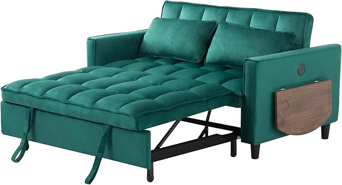 3 in 1 Sofa Bed Pull Out Couch with Side Pockets Loveseat Sleeper Sofa Bed with Side Table Pull Out Couch with USB Ports for Living Room Bedroom Apartment Green