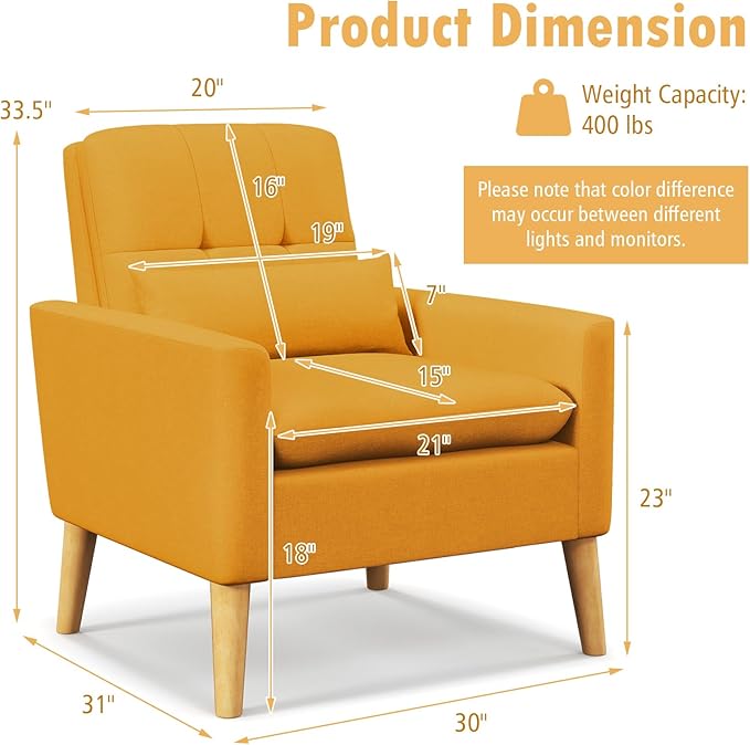 Giantex Modern Accent Chair Mid-Century Linen Fabric Armchair w/Lumbar Pillow Back &amp Seat Cushion Comfy Single Sofa Chair with Rubber Wood Legs for Living Room Bedroom Reading Room Yellow