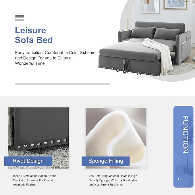 Pull Out Couch with USB Port Loveseat Sleeper Sofa Bed Nailhead Trim Design with 2 Pillows &amp Side Storage Pockets 3 in 1 Velvet Sofa Adjustable Backrest Resilient Sponge Cushions Grey