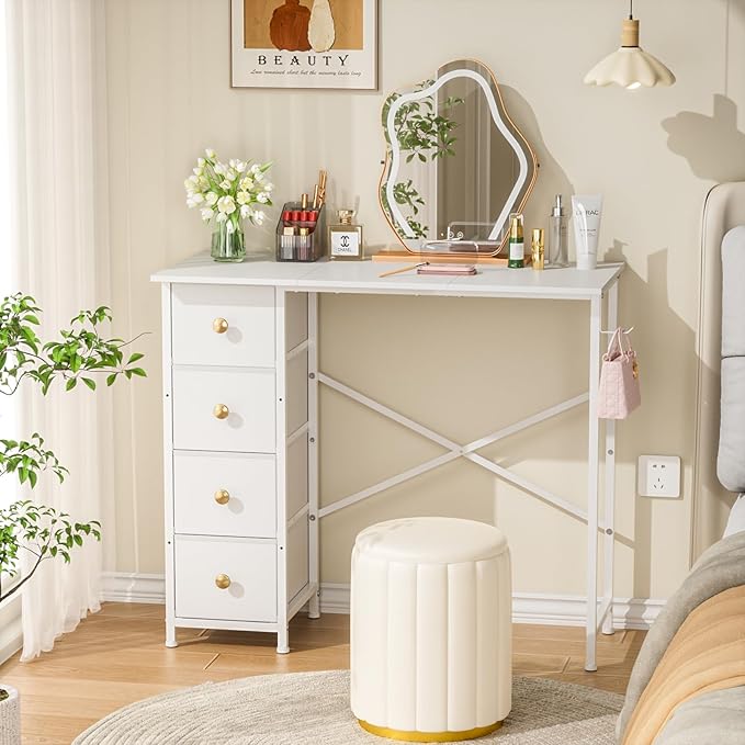 Small White Desk with Drawers for Bedroom 35.4 Inch Kids Girls Teens Student Writing Desk with Storage Reversible Study Table White Computer Desk for Home Office Makeup Vanity Desk for Small Space