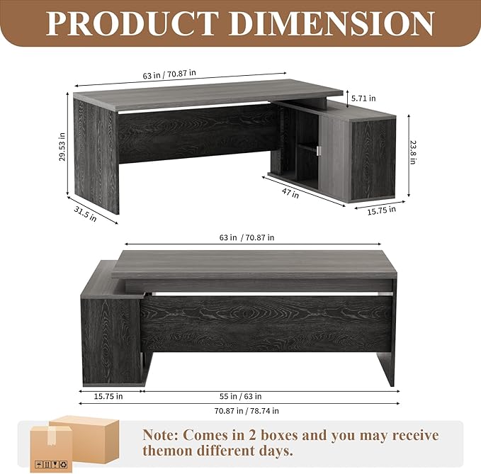 70.8 L-Shaped Executive Desk with File Drawers and Storage Cabinet Modern Large Office Desk Computer Workstation Gray Oak &amp Black Walnut (Gray Oak &amp Black Walnut 70.87IN)