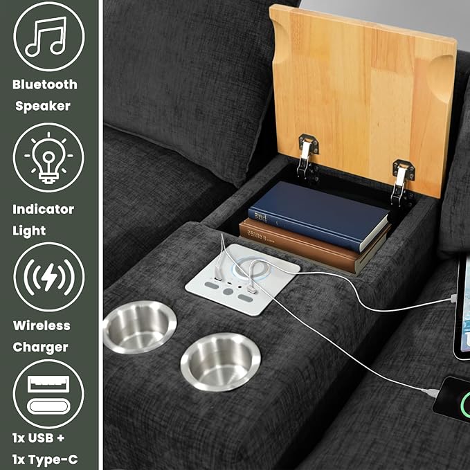 Brelice Modular Sofa Console with Wireless Charging &amp Bluetooth Speaker - All-in-One Armrest Organizer with Wired Charging Storage Tray Volume Control for Sectional Couch Living Room