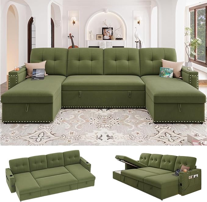 HIFIT 106 Sectional Couches for Living Room- Pull Out Sleeper Sofa Couch w/Storage ChaiseStorage ArmrestLED Light&ampUSB Port&ampCupholderModern Velvet U Shaped Home Sofa Living Room Furniture S