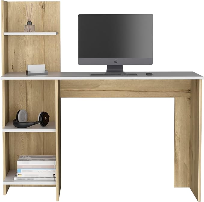 Study Desk with Three Shelves and Spacious White/Pine Finish - 47 Writing Surface for Laptops &amp Monitors - Modern Home Office Organization