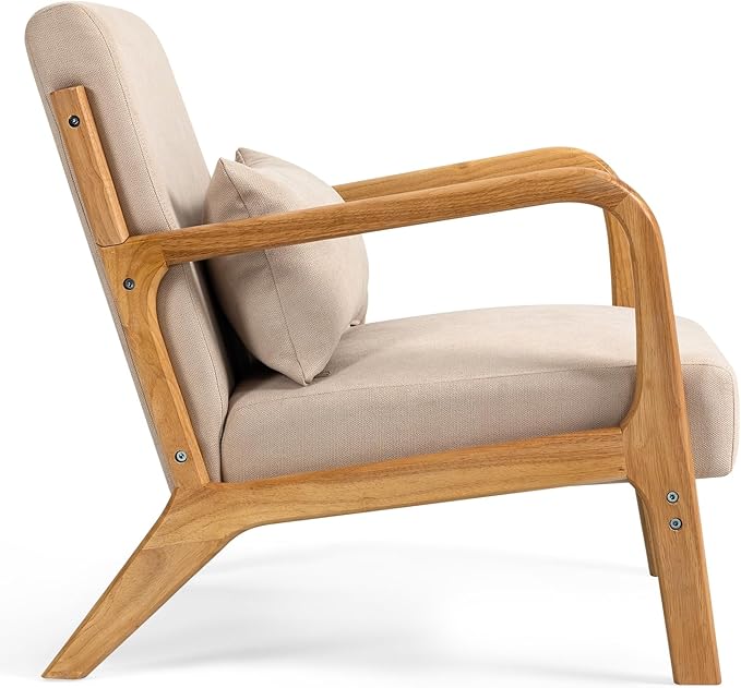 Mid-Century Modern Linen Accent Chair Solid Wood Armrests and Legs Solid &amp Comfortable Seating for Living Room