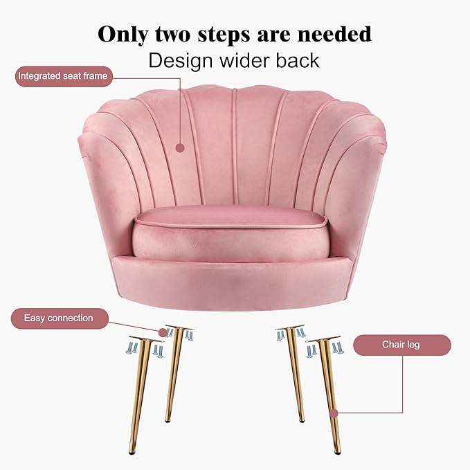 DAGONHIL Mid Century Modern Upholstered Accent ChairPetal Vanity ChairRetro Leisure Velvet Single Sofa with Golden Metal Legs for Living Room/Bedroom(Light Pink)