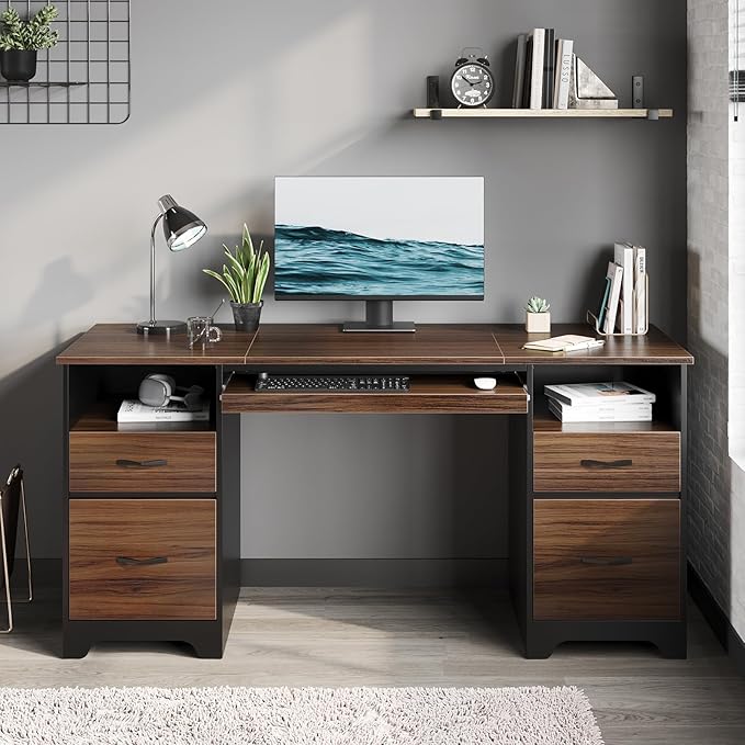 Bestier 59” Computer Desk with 4 Drawers Office Desk with Storage Industrial Executive Desk with File Drawer Keyboard Tray &amp 2 Pedestals for Home Office &amp Studio Cherry
