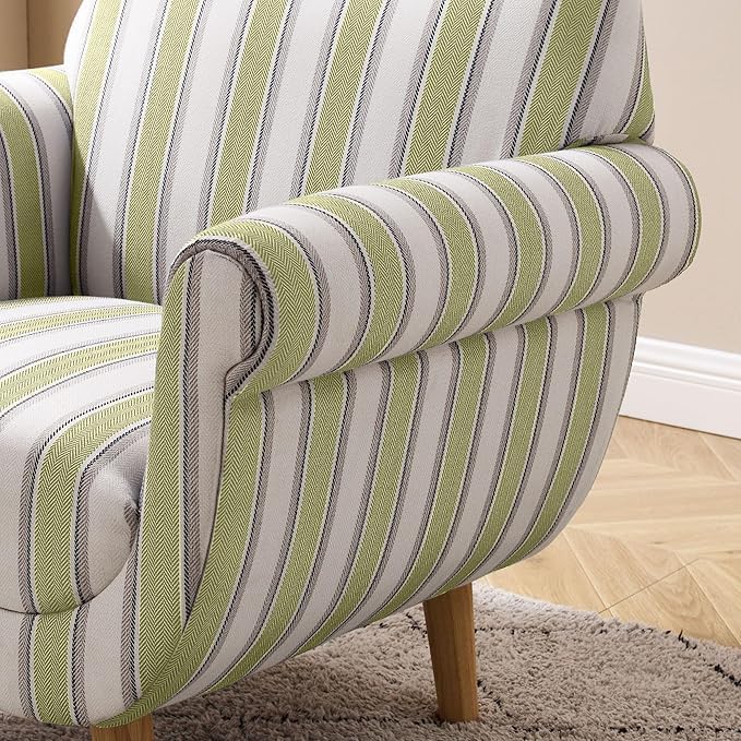 VANOMi Mid-Century Accent Chair with Stripe Pattern Modern Linen Fabric Armchair with Wood Legs Club Chair for Living Room Comfy Upholstered Side Chairs for Bedroom Reading Small Place (Green)