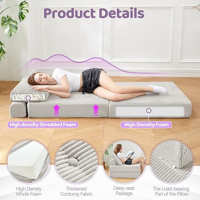 Folding ChairSleep Chair with High-Density Support FoamPortable 3 in 1 Fold Out Chair with Back Support and Pillow for Bedroom、Balcony、Hotel、ApartmentSingleSilver Gray