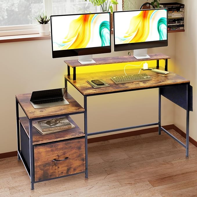 FurnitureR Computer Desk with LED Lights Monitor Stand USB Charging Port Storage Drawer Side Shelf &amp Cloth Bag 39.4-Inch Home Office Desk Workstation Rustic Brown