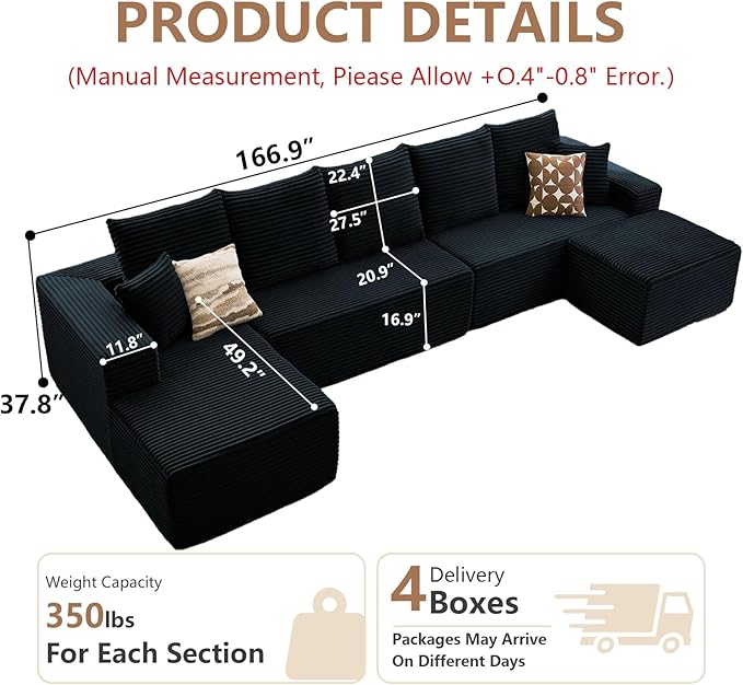 Cloud Modular Sectional Sofa for Living Room167x69.7 Oversized U-Shaped Couch with 7 PillowsBig Comfy Couches SetFluffy Corduroy Sofa with Ottoman &amp ChaiseNo Assembly(BlackLeft-Facing Chaise)