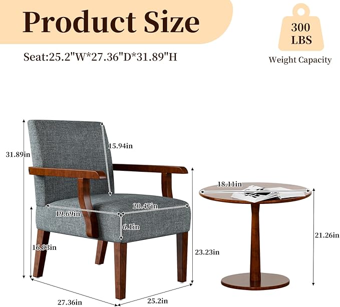 Modern Accent Chairs Set of 2 with Round Side Table Mid-Century Reading Leisure Arm Chair Fabric Upholstered with Solid Wood Armchair for Living Room Bedroom Office Apartment (Grey)