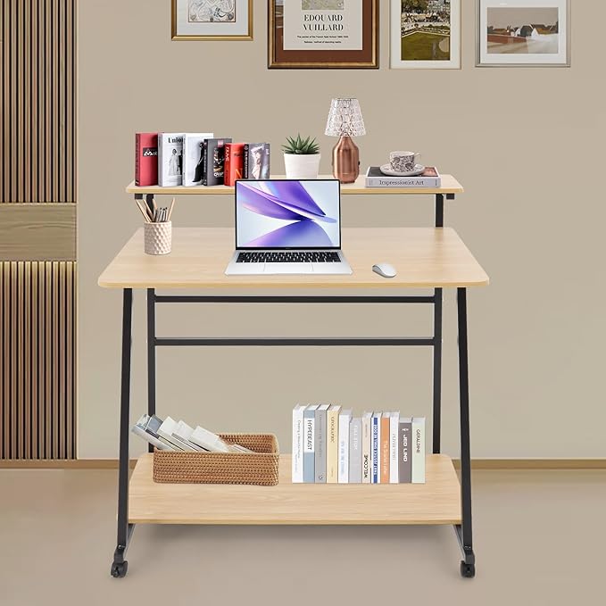 Small Office Mobile Computer Desk 3-Tier Laptop Table with Storage Shelves Tiny Computer Desk with Wheels for Home Office Bedroom Living Room Studio (Log Color+Black)