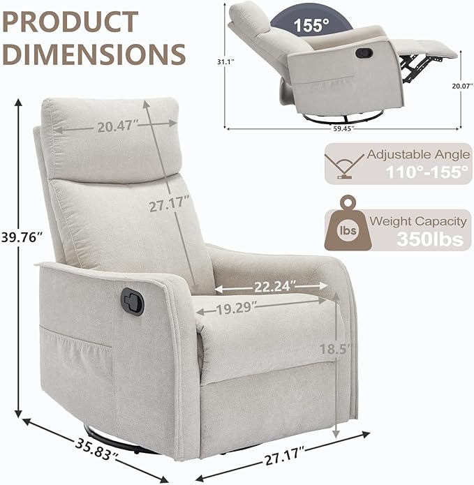 cinkehome Swivel Rocker Recliner Chair with Heated Massage Rocking Reclining Chairs for Nursery Small Spaces High Back Side Pocket