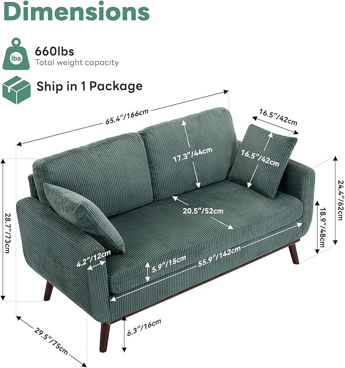 Kingfun 65 Corduroy Love Seat with Spring Cusions Mid Century Modern Loveseat Sofa for Livingroom &amp Bedroom Comfy Upholstered Small Couch Green | linen fabric button tufted solid wood foot