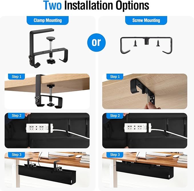 Under Desk Cable Management Tray - Heavy Duty No-Drill Clamp &amp Screw Mount 28-Inch Cord Organizer for Home Office Gaming Setup &amp Study Room Holds Power Strip &amp Large Adapters (Black 28