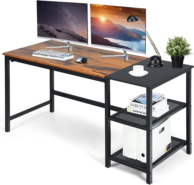 COSTWAY 59” Computer Desk with 2 Removable Storage Shelves Industrial Writing Workstation with Headphone Hook for Home Office Gaming Desk (Rustic Brown)