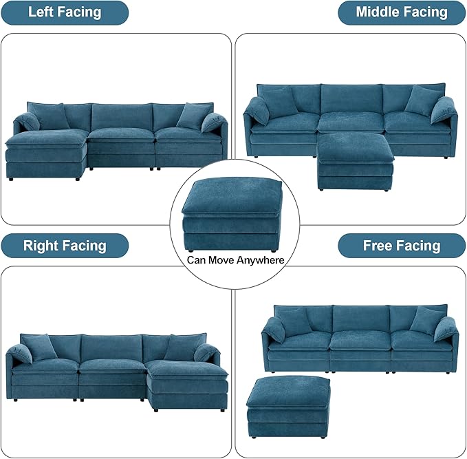 103.5 L Shaped Modern Cloud Sofa Modular Sectional Couch with Ottoman 4-Seat Chenille Deep Seat Sofa with Pillow for Living Room Bedroom and Apartment Blue