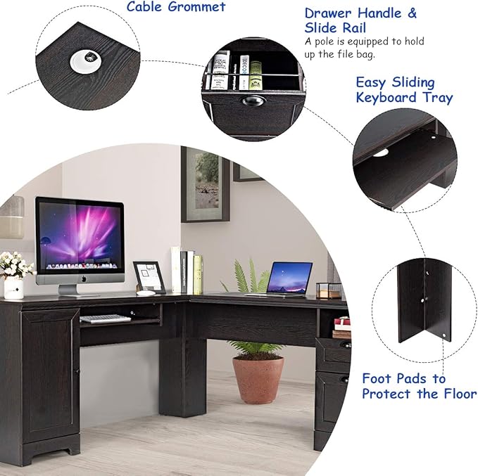 GOFLAME 66 Inch L-Shaped Computer Desk Spacious Corner Desk w/Drawers Cabinet &amp Keyboard Tray Executive Office Desk Study Gaming Workstation for Home Office (Coffee)