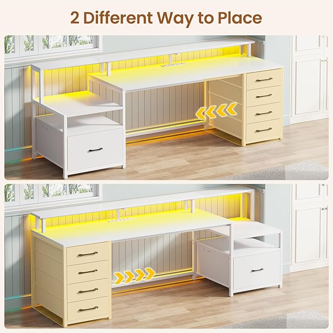 SEDETA White Computer Desk with 5 Drawer &amp Power Outlet 66'' Home Office Desk with File Drawer Storage Shelves Printer Cabinet and Monitor Shelf Gaming Desk with Led Lights
