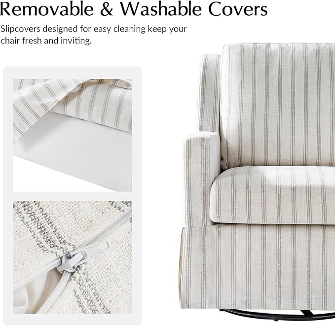HULALA HOME Swivel Rocker Chair Farmhouse Swivel Rocking Accent Chair with Washable Slipcover Striped Fabric Barrel Armchair with Down Filled Cushions Grey