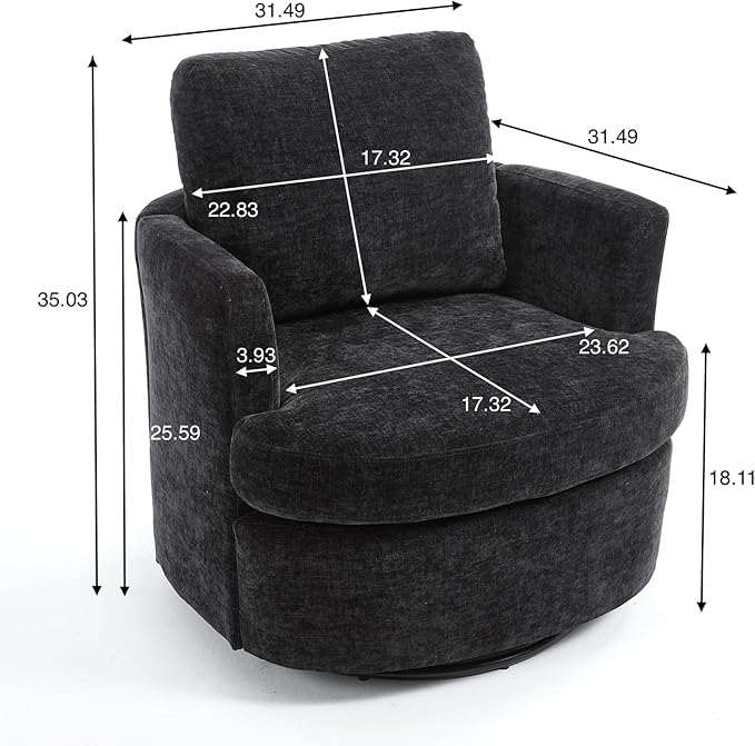 360° Swivel Accent Armchair Chair Swivel Black Round Barrel Chair Upholstered Chenille Accent Chairs for Living Room Bedroom Reading
