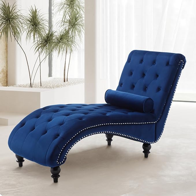 Velvet Chaise Lounge Chair Indoor Comfy Upholstered Chaise Lounge with Pillow and Solid Wood Legs Button Tufted Leisure Sofa Recliner for Living Room Bedroom Office Apartment (Blue)