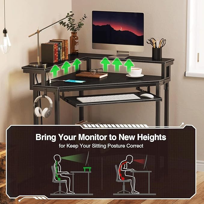 Small Corner Desk with Power Outlet and LED Lights Triangle Corner Gaming Desk with Keyboard Tray Compact Home Office Triangle Table for Small Spaces Home Office Black
