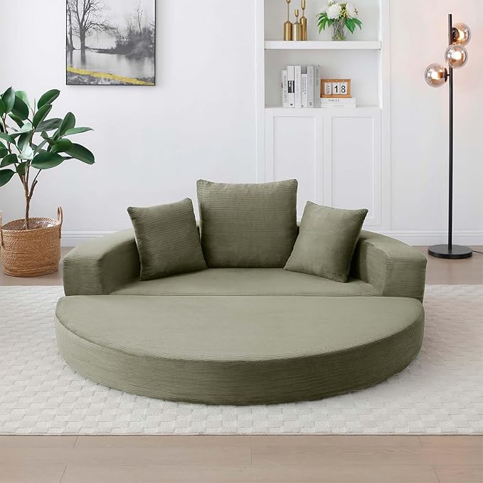 67-inch Convertible Futon Sofa Bed Round Folding Comfy Corduroy Upholstered Couch Bed with 3 Pillows Boneless Floor Lazy Loveseat Sofa for Living Room Apartment Small Spaces Pinstripe Green