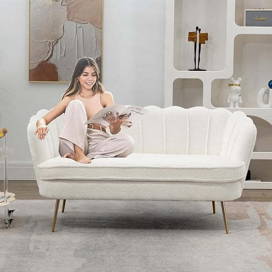 Modern Boucle Loveseat CouchFuton Small Sofa with Gold Metal Legs 2-Seater Upholstered Mini Sofa Couches for Small SpaceLiving Room Bedroom Office Dorm Studio Apartment Love Seat Couche(White)