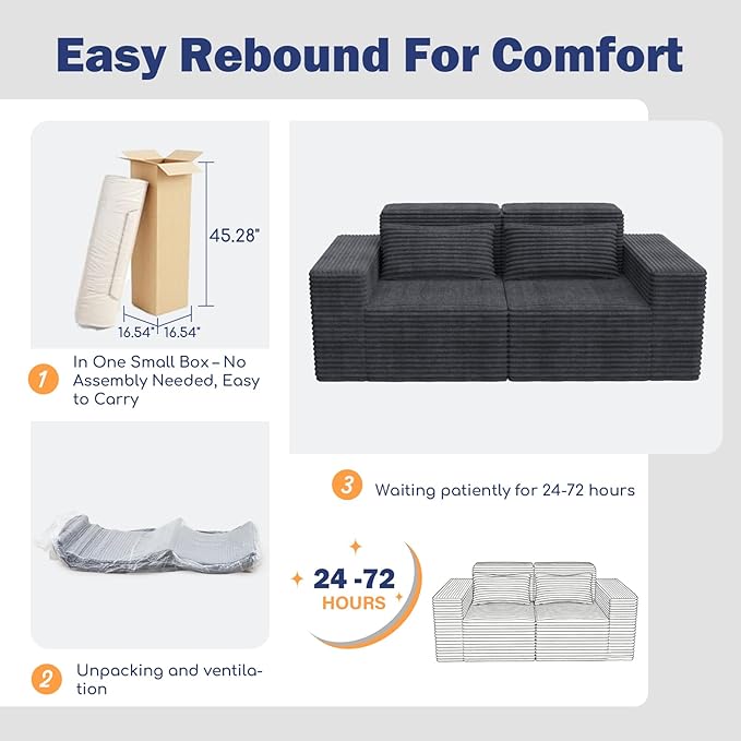 77 Cloud Sectional Boneless Loveseat Couch in a Box Modular Small Sofa with Deep Comfy Seat for Living Room Bedroom Apartment or Home Office No Assembly NeededCorduroy Gray