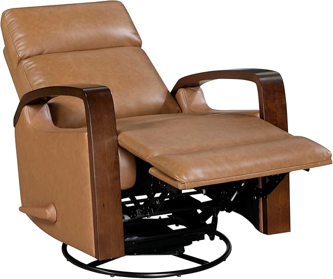 Lexicon 360 Degree Swivel Glider Reclining Chair Breathable Faux Leather Manual Recliner Comfy Nursery Glider Recliner Wood Arms Pull Handle for Living Room/Office/Bedroom/Apartment Camel Brown