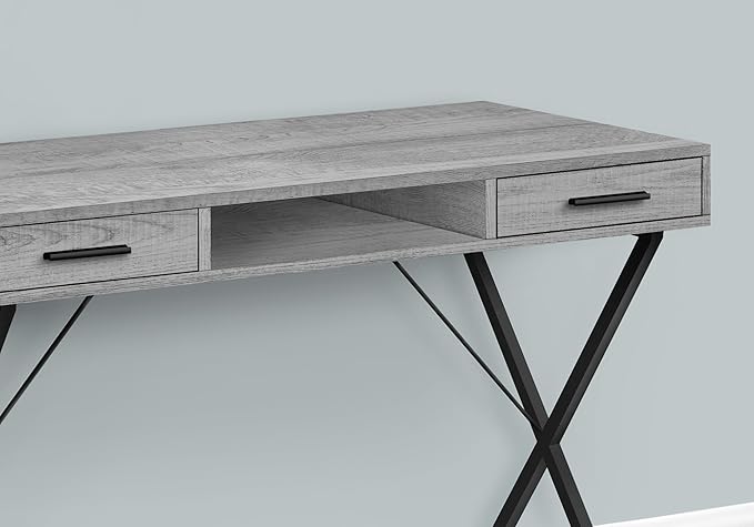 Penau Computer Desk for Home Office Grey Wood-Look Finish X-Design Black Metal Base 2 Storage Drawers 42l x 20w x 30h