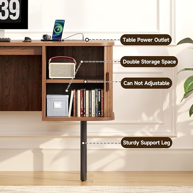 ONBRILL 63 Inch Fluted Computer Desk with Charging Station Mid Century Executive Desk with 2 Storage Cabinets Modern Home Office Large Desk with Metal Legs for Working Studying Writing Walnut