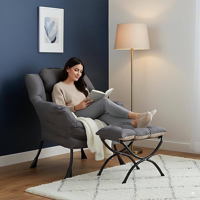 Lazy Chair with Ottoman Lounge Accent Arm Chair with Armrests Side Pocket and Footrest Leisure Upholstered Sofa Reading Chair with Footstool for Living Room Bedroom Dark Grey