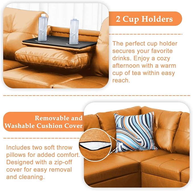 Wakefit Sectional Sofa Couch Modern 4-Seaters Living Room Furniture Sets with Chaise Lounge Ottoman &amp 2 Pillows | L Shape Couch | Cup Holder | Faux PU Leather Ginger
