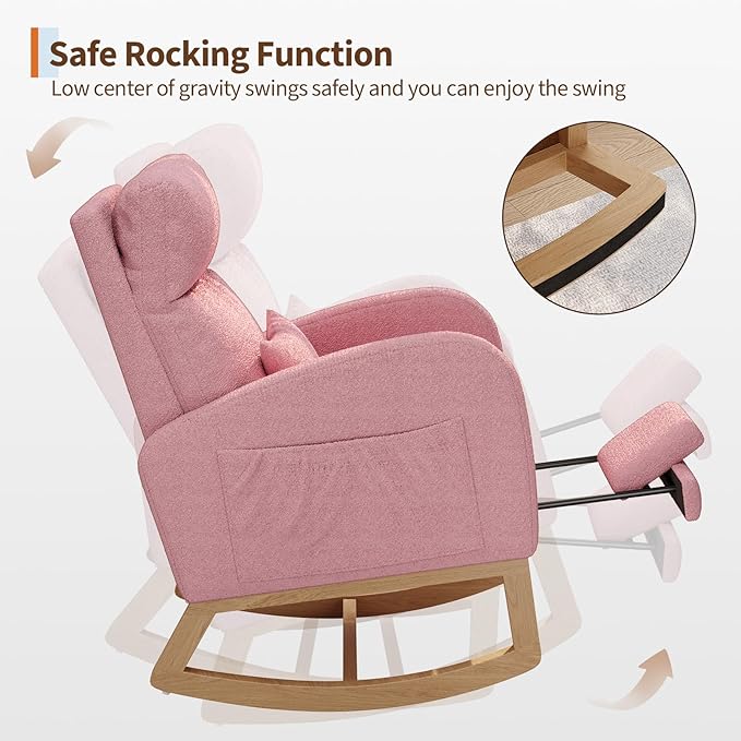 GarveeHome Teddy Fleece Rocking Chair with Footrest Modern Nursery Glider Chair with Side Pockets and Pillow Rocker Chair for Living Room Bedroom Nursing Room Pink