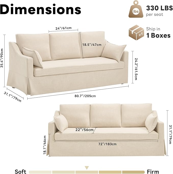 Tbfit 80.7 Slipcovered Couch 3 Seater Sofa Vintage Sofas with Removable Cover Pocket Spring Cushion Mini Couches Living Room Furniture for Home Apartment Farmhouse Beige