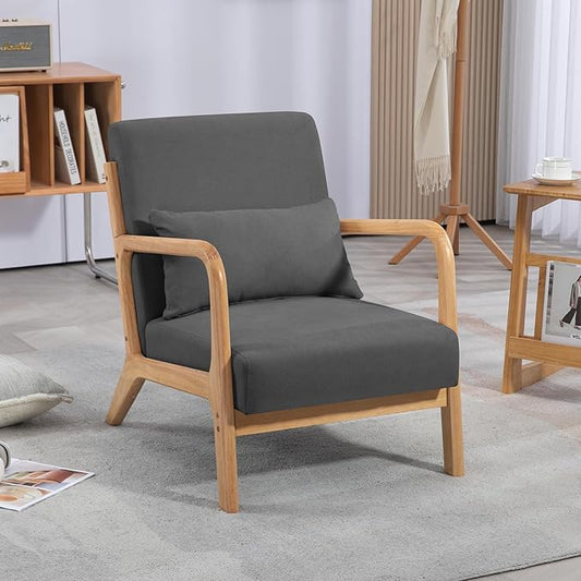 Mid-Century Modern Linen Accent Chair with Solid Wood Arms for Living Room