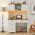 Farmhouse 67 H Executive Desk with HutchOffice Table with 4 Drawers and LED light Computer Desk with Storage Cabinet &amp File Drawers and Charging Station Wood Workstation for Home Office and St
