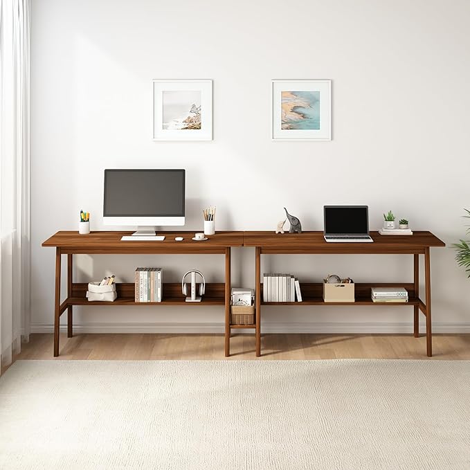 2-Person Writing Desk with Bookshelf - 110 Wooden Extra Long Home Office Work Table Double Study Computer Workstation with Storage Shelves in Walnut 110 W x 24 D