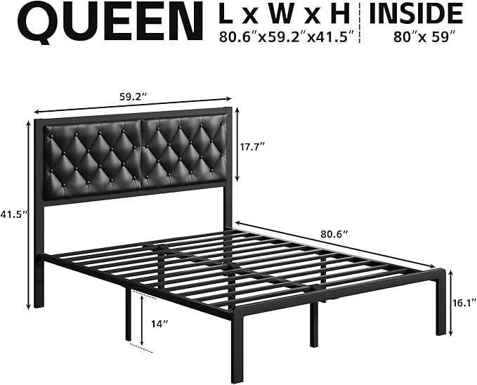 Queen Bed Frame with Headboard PU Leather Upholstered Bed Frame PlatformAll Metal Slats Support Platform Bed Frame with Storage SpaceEasy AssemblyNoise FreeNo Box Spring NeededBlack