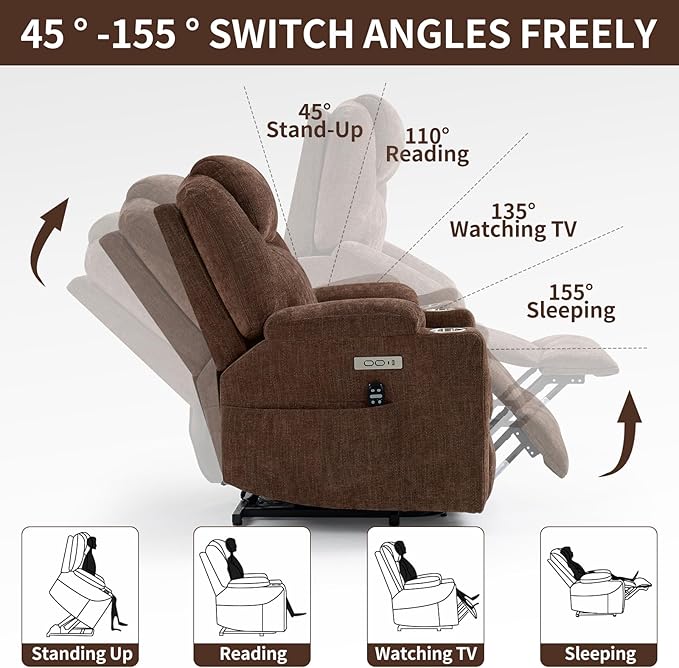 Chenille Electric Power Lift Recliner Chair Massage Single Sofa with Vibration Massage and Lumbar Heating Ergonomic Lounge Couch with Cup Holders and USB Charge Port for Living Room (Brown)