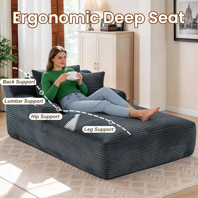 Avenix 79” Oversized Chaise Lounge Chairs Indoor Corduroy Boneless Chaise Lounges Chairs Indoor Deep Seat Big Comfy Reading Chair Cloud Sleeper Chair Sofa Couch Bed for Living Room Grey