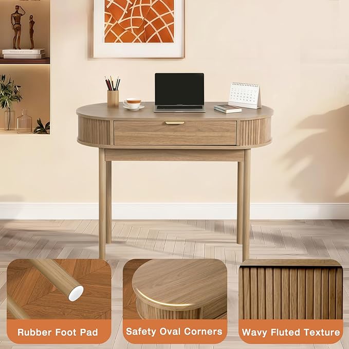 Oval Wood Desk with Drawer39.37 Inch Small Study Work Writing Desk Computer Gaming TableStudent PC Storage MDF Desk for Home Office Bedroom Living Room(Brown)