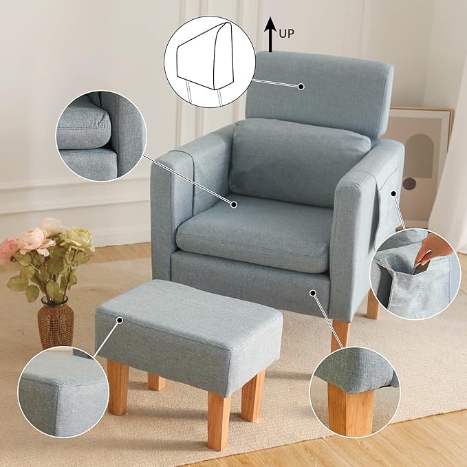 TAKUKA Modern Accent Chair with Ottoman SetComfy Fabric Armchair with Footrest Upholstered Chair with Side Pocket Soft Reading Lounge Chair for Living RoomBedroomOffice (Water Blue)