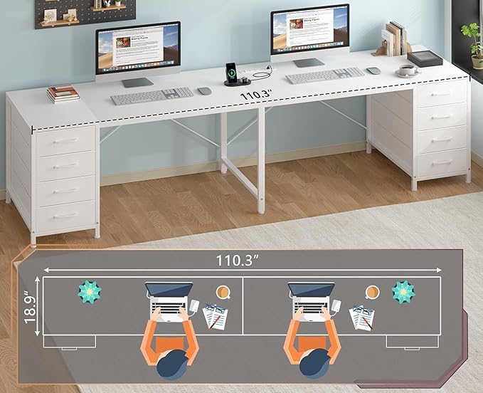 TVU 95 2 Person Desk with 8 Drawers Double Desk for Two People Home Office Desks with Outlets Long Desks Workstation Drawer Organizers with 8 Fabric Drawers White